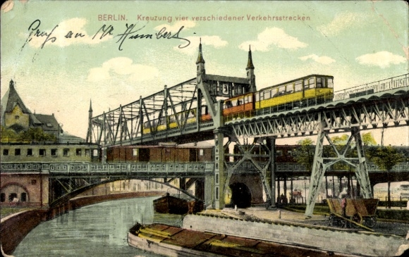 Postcard Berlin Kreuzberg, Landwehr Canal, intersection of four transport routes, ship, train, elevated railway