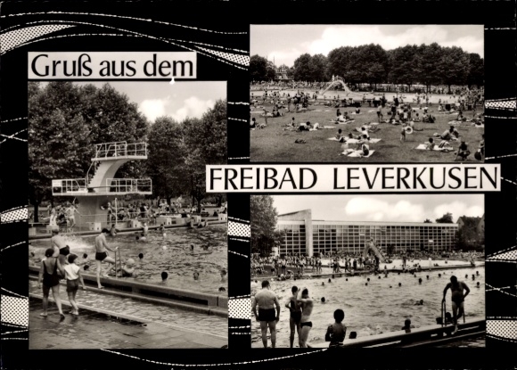 Postcard Leverkusen in the Rhineland, outdoor pool with swimmers, slide, lawn, trees, groups of people