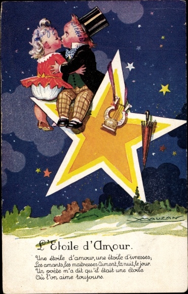 Artist Postcard Mauzan, lovers kiss on a star