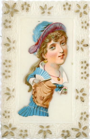 Celluloid Postcard girl portrait, fan, hat