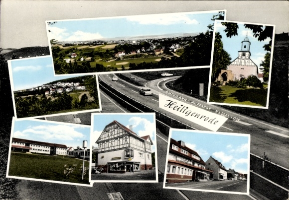 Postcard Heiligenrode Niestetal in Hessen, motorway, half-timbered house, church, partial views, panorama