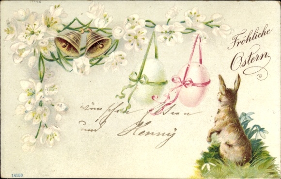 Postcard Schweewarden Nordenham in Oldenburg, Easter bunny with egg in green, bells and flowers