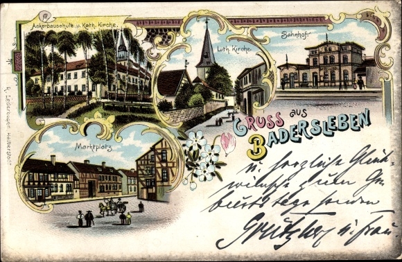 Chromo-Litho Badersleben Huy in the Harz district, farming school, churches, train station, marketplace