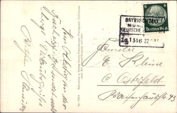 Postcard railway postmark Bayrischzell-Munich train 1316