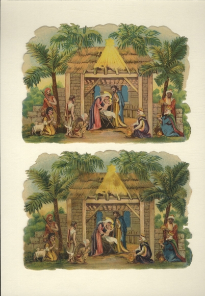 2 opłatki scena biblijna, historia Bożego Narodzenia, narodziny Jezusa, pasterze, każdy o wymiarach ok. 12 x 17 cm