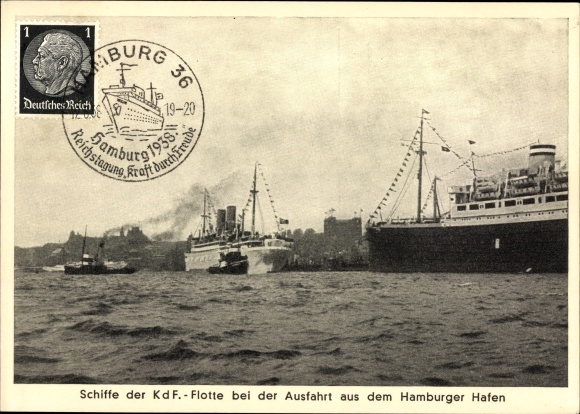 Postcard Ships of the KdF fleet leaving the port of Hamburg, NSG KdF Reichstag 1937