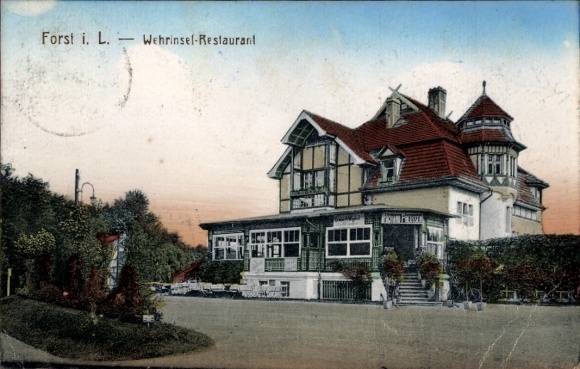 Postcard Forst in Lausitz, Wehrinsel Restaurant