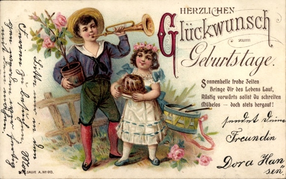 Chromo-Litho Happy Birthday, Boy with Trumpet, Girl with Bundt Cake, Roses, Drum
