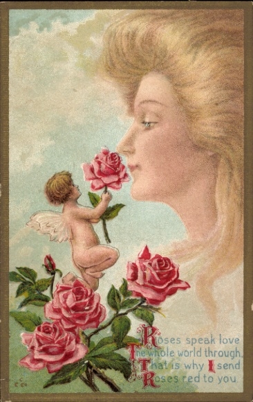 Art Nouveau artist Postcard love angel with roses, portrait of a woman
