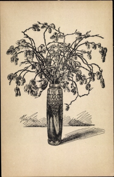 Artist Postcard Seliger, M., pussy willow, flower vase