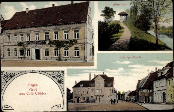 Postcard Pegau in Saxony, Café Göhler, Leipziger Straße, Alberthain