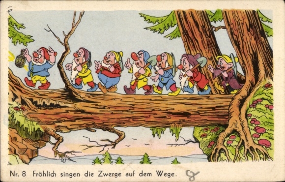 Postcard Walt Disney, The dwarves sing happily on the way