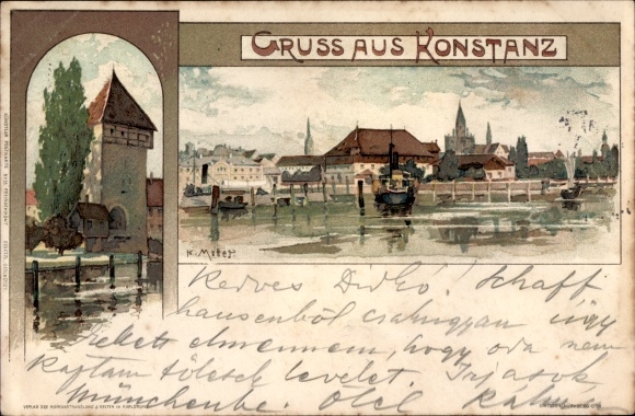 Artist Chromo-Litho Mutter, K., Constance on Lake Constance, city view, tower