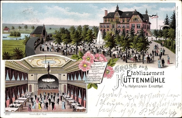 Litho Hohenstein Ernstthal in Sachsen, Etablissement Hüttenmühle, Garten, Saal