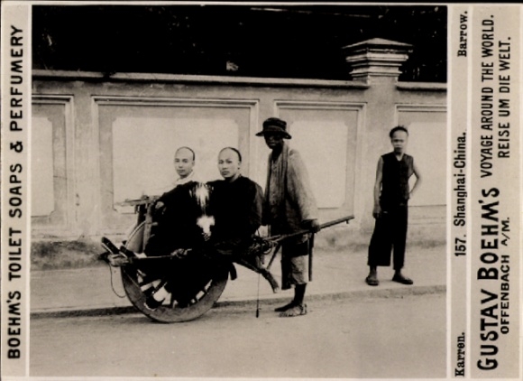 Photo Shanghai China, rickshaw, advertising Boehm's Toilet Soaps
