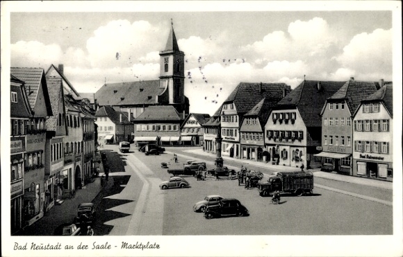 Postcard Bad Neustadt an der Saale Lower Franconia, market square, architecture, church buildings, cars, traffic
