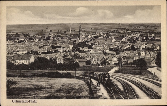 PC Grünstadt in der Pfalz, panorama of the city and surroundings, railway line, steam locomotive