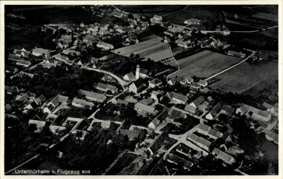 Postcard Unterthürheim Buttenwiesen in Swabia, aerial photograph, residential area, church, fields, view
