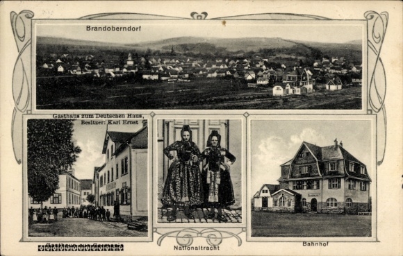 Postcard Brandoberndorf Waldsolms in Hesse, German House Inn, train station, national costume