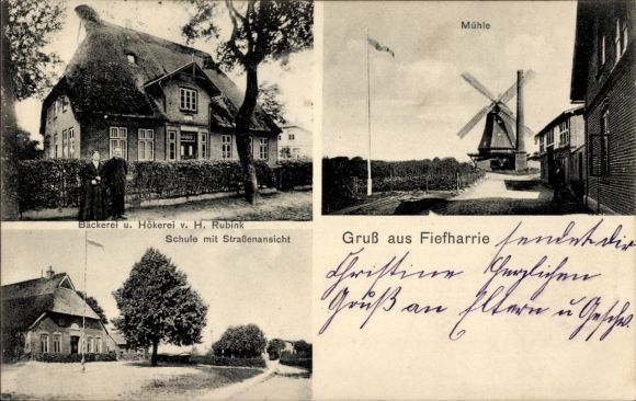 Ak Fiefharrie Negenharrie in Sleeswijk Holstein, molen, bakkerij en serviesgoed H. Rubink, school