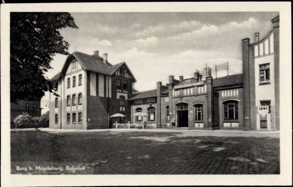 Postcard Burg near Magdeburg, train station, building in n style, cobbled street, shade of trees