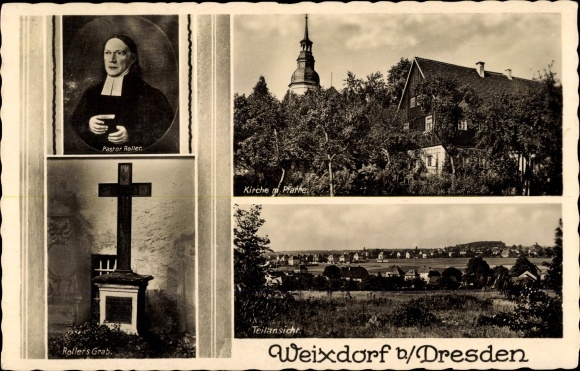 PC Dresden Weixdorf, Pastor Roller, Roller&#39;s grave, church with vicarage, partial view