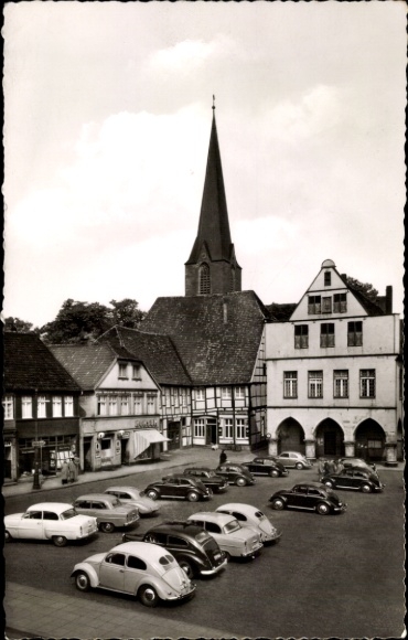 Postcard Werne Lippe, market square, Konsum, parking lot