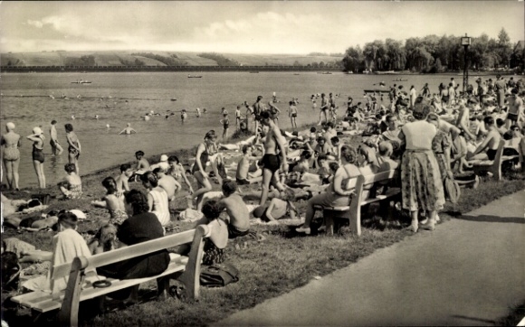 Postcard Werdau in Saxony, beach, people in swimwear, water, sunbathing, waterfront promenade