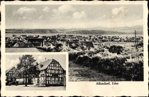 Postcard Allendorf Eder Hessen, view of the village and surroundings, inn for the Edertal, especially Krümmelbein