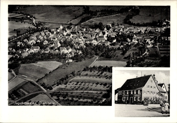 Ak Jagstheim Crailsheim in Württemberg, Luftaufnahme von Jagstheim, viele Häuser, zusätzliches Bi
