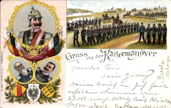 Chromo-Litho greeting from the imperial maneuvers, Emperor Wilhelm II, Friedrich I of Baden, Wilhelm II of Württemberg