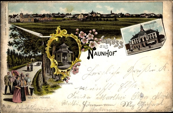 Chromo-Litho Naunhof Sachsen, panorama, Ratskeller, Bismarckhütte, way to Lindhardt