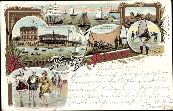 Litho Nordseebad Büsum, Krabbenfängerin, Wattenläufer, Strandhotel, Strandhalle, Seehundjagd