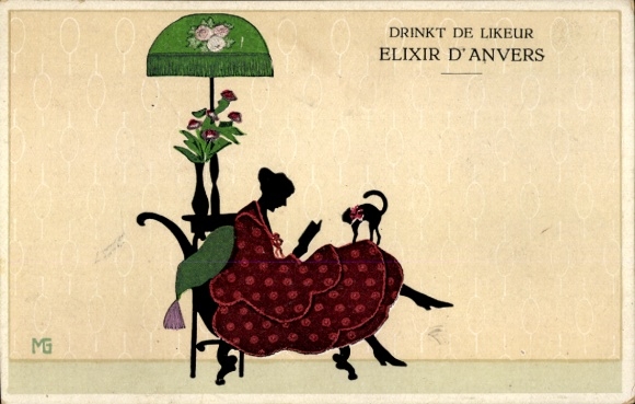 Paper cutting artist Postcard Graf, Merte, relaxation hour, reading woman, cat