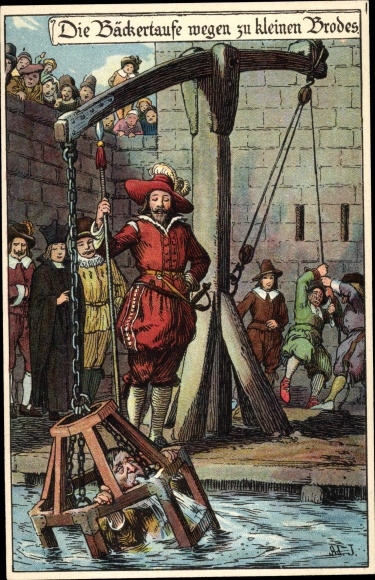 Artist Chromo-Litho Jodolfi, The baker's baptism because of too small bread, punishments in the Middle Ages