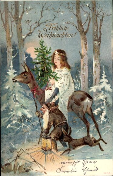 Ak Glückwunsch Weihnachten, Kind, Reh, Hase, Zwerg