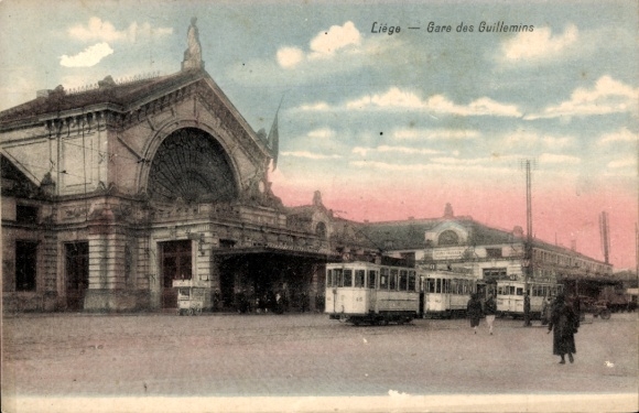 Postcard Liege Liège, Gare des Guillemins, train station, tram