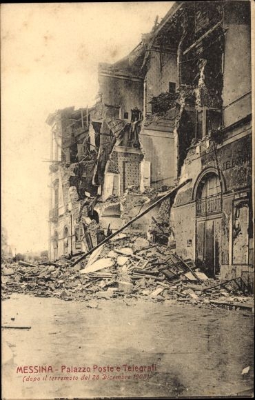 Ansichtkaart Messina Sicilië, postkantoor verwoest door aardbeving, 1908