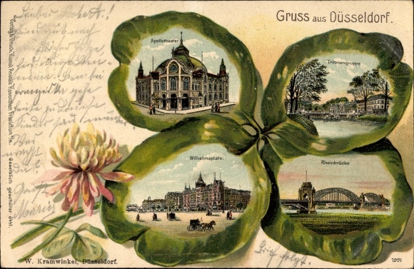 Embossed Kleeblatt Chromo-Litho Düsseldorf am Rhein, Apollotheater, Tritongruppe, Wilhelmsplatz, Rheinbrücke