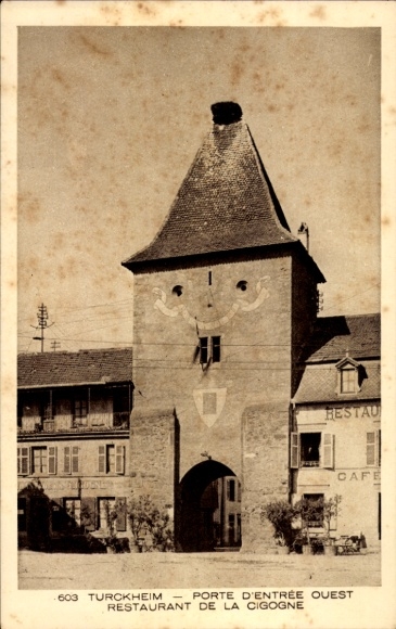 Ak Turckheim Türkheim Elsass Haut Rhin, Porte d'Entrée Ouest, Restaurant de la Cigogne