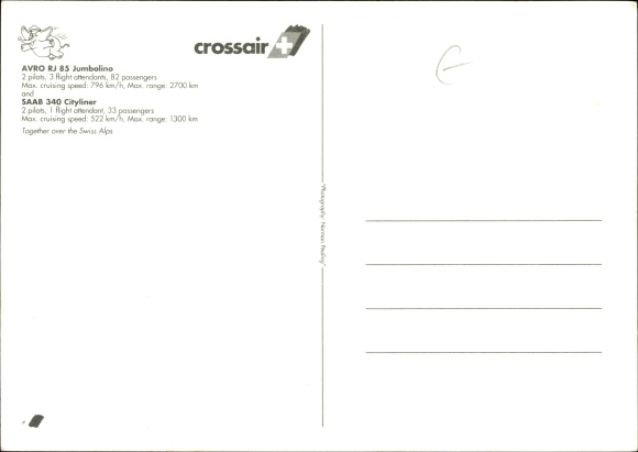 Postcard Swiss passenger aircraft, AVRO RJ 85 Jumbolino, SAAB 340 Cityliner, Crossair, HB-AKP