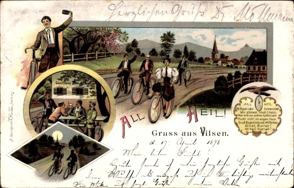 Chromo-Litho Bruchhausen Vilsen Lower Saxony, All Heil, cyclists, inn