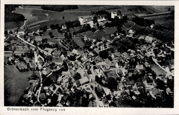 Bad Grönenbach in the Allgäu region, Grönenbach from the plane, houses, streets, fields, a church...