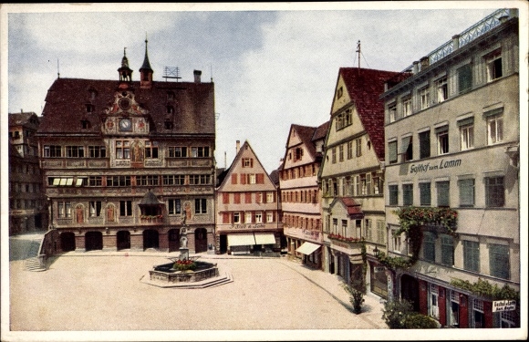Ak Tübingen am Neckar, Marktplatz mit Rathaus und Hotel Lamm, Brunnen
