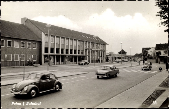 Postcard Peine in Lower Saxony, train station, cars, pedestrians