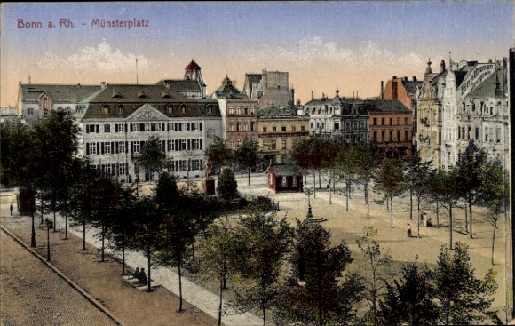 Postcard Bonn am Rhein, Münsterplatz, buildings, trees, people