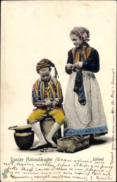 Postcard Children in Danish folk costumes, girls knitting, socks
