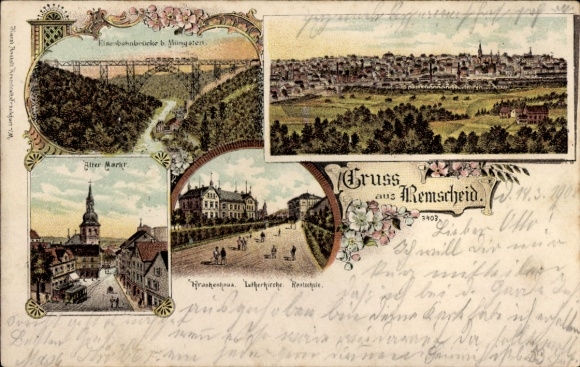 Chromo-Litho Remscheid, general view, Old Market, Hospital, Luther Church, Müngsten Bridge