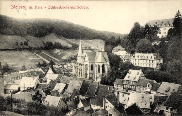 Postcard Stolberg in the Harz, castle church and castle