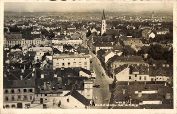 Ak Wels in Oberösterreich, Blick gegen Grünbach, Luftbild